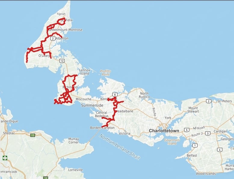 Screen shot of map of PEI with ATV trails marked in red